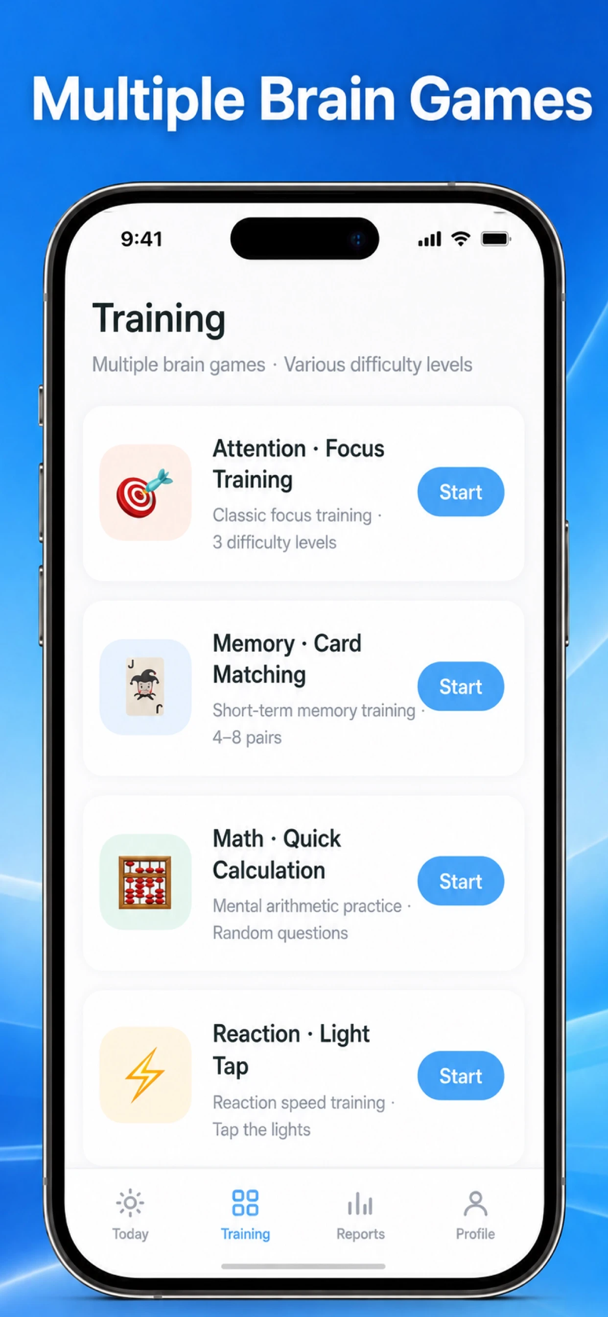 Current App Store artwork showing actual game categories and start controls