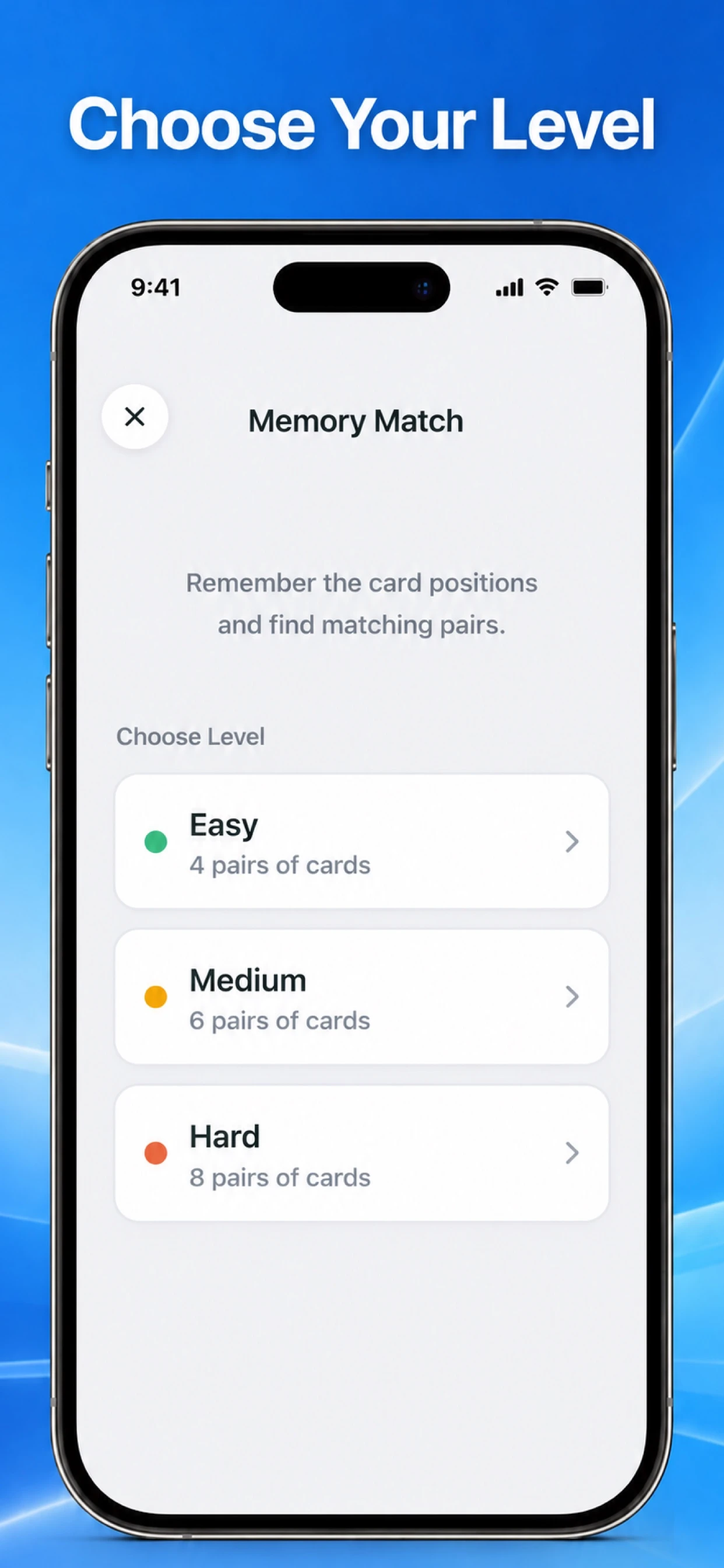 Current App Store artwork showing actual Memory Match level choices