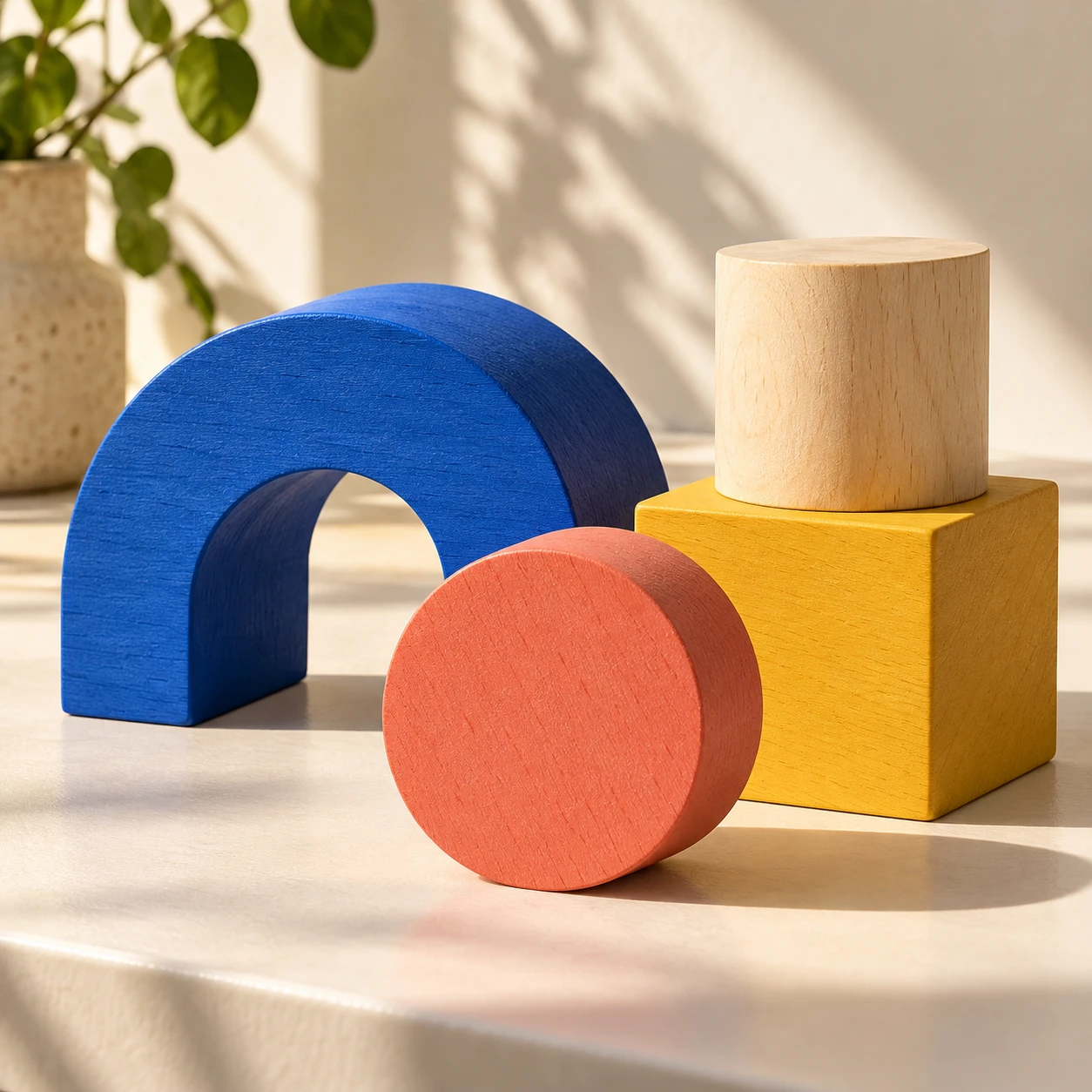 Creative still life of tactile blue, coral, yellow and natural wooden geometric blocks